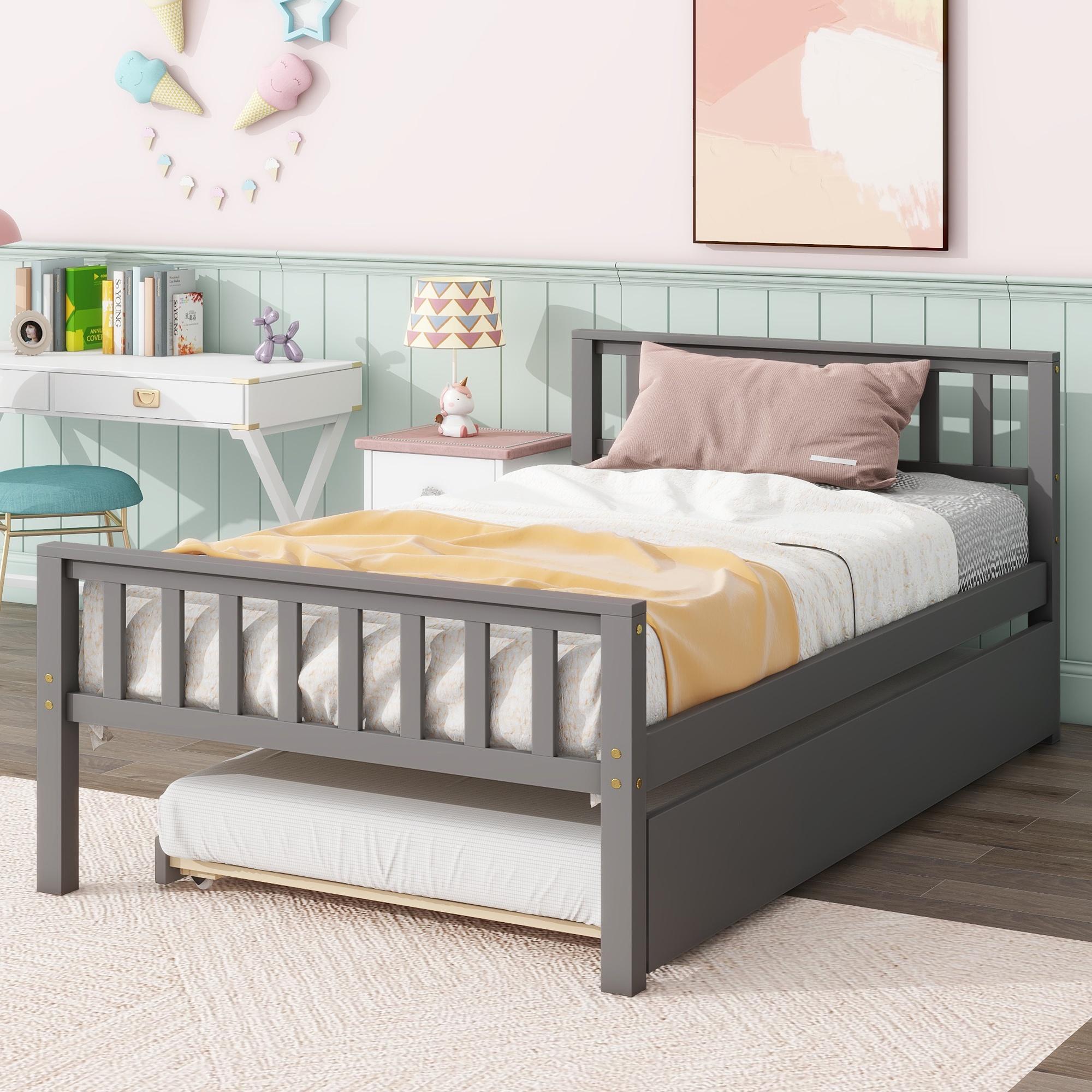 Paproos Twin Size Wood Platform Bed with Trundle, Twin Bed Frame with Headboard and Footboard, Modern Daybed for Kids Teens Adults, No Box Spring Needed, Gray - image 3 of 11