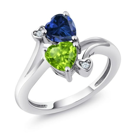 Gem Stone King 1.66 Cttw Blue Created Sapphire and Green Peridot Ring for Women | Heart Shape 6MM | Gemstone Birthstone | Wedding Engagement Anniversary Promise Ring for Women| Size 7