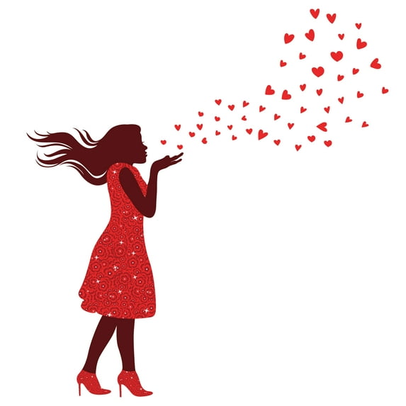 GIRLY - Kids Girls Nursery Bedroom Girl Silhouette Blowing Hearts Away Image Decoration Red Floral Dress Outfit Design Vinyl Wall Decal - Home Art Easy To Apply Wall Décor Sticker 36" x 40"