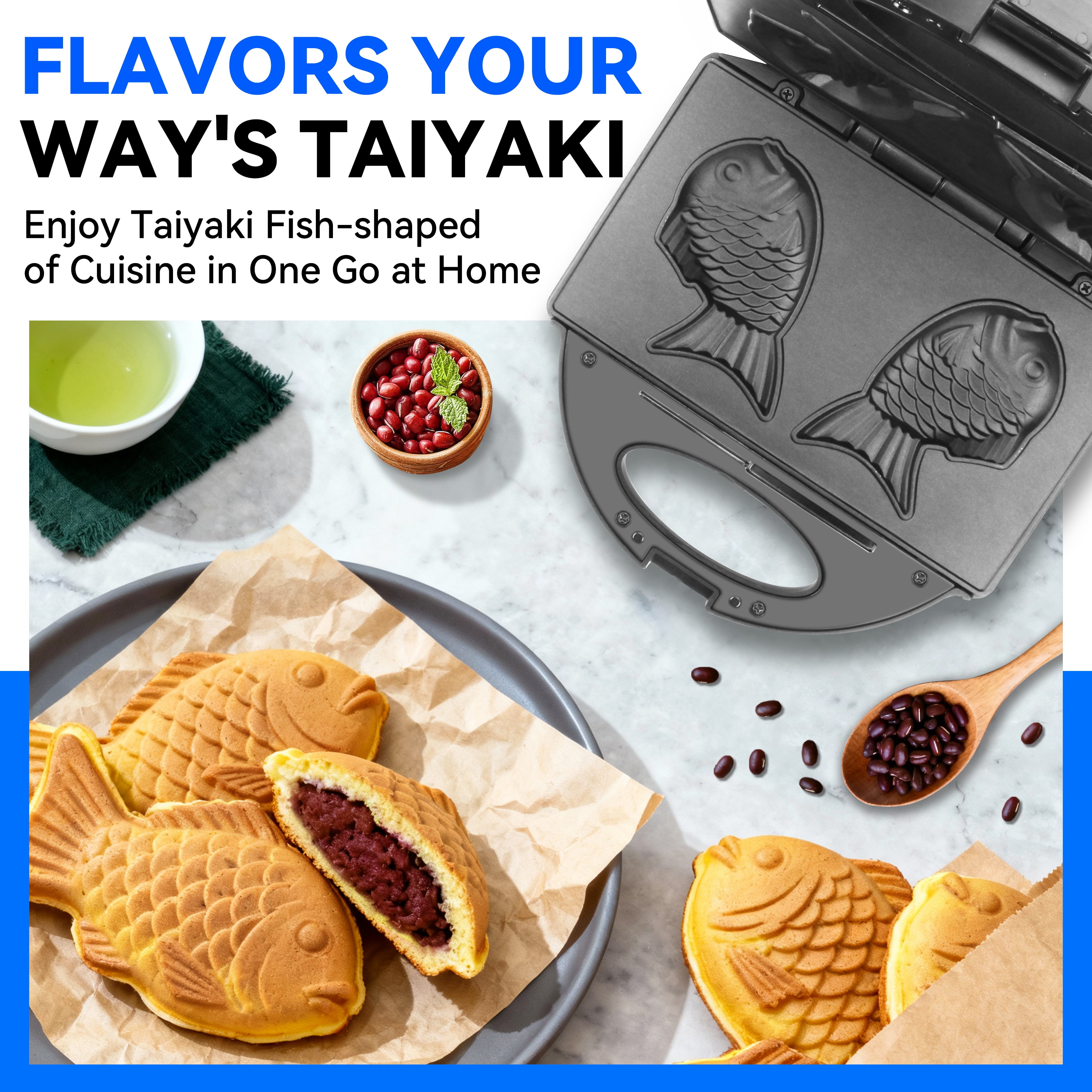 Mailand Taiyaki Fish Waffle Maker Machine,  Electric Taiyaki Maker,   Small Waffle Maker for Kids & Family, 2 Per Batch Fish-shaped Taiyaki, Non-stick Surface