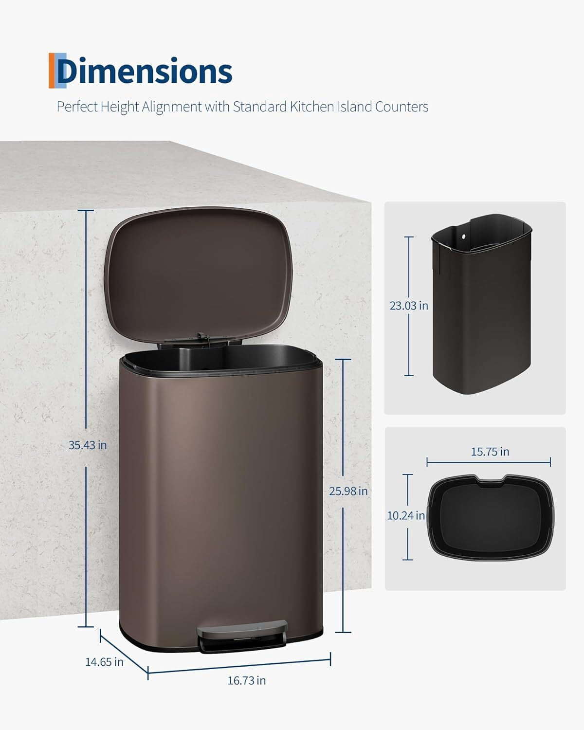 EuKer 13 Gal Stainless Steel Trash Can with Removable Inner Bucket for Kitchen, Bathroom, Brown