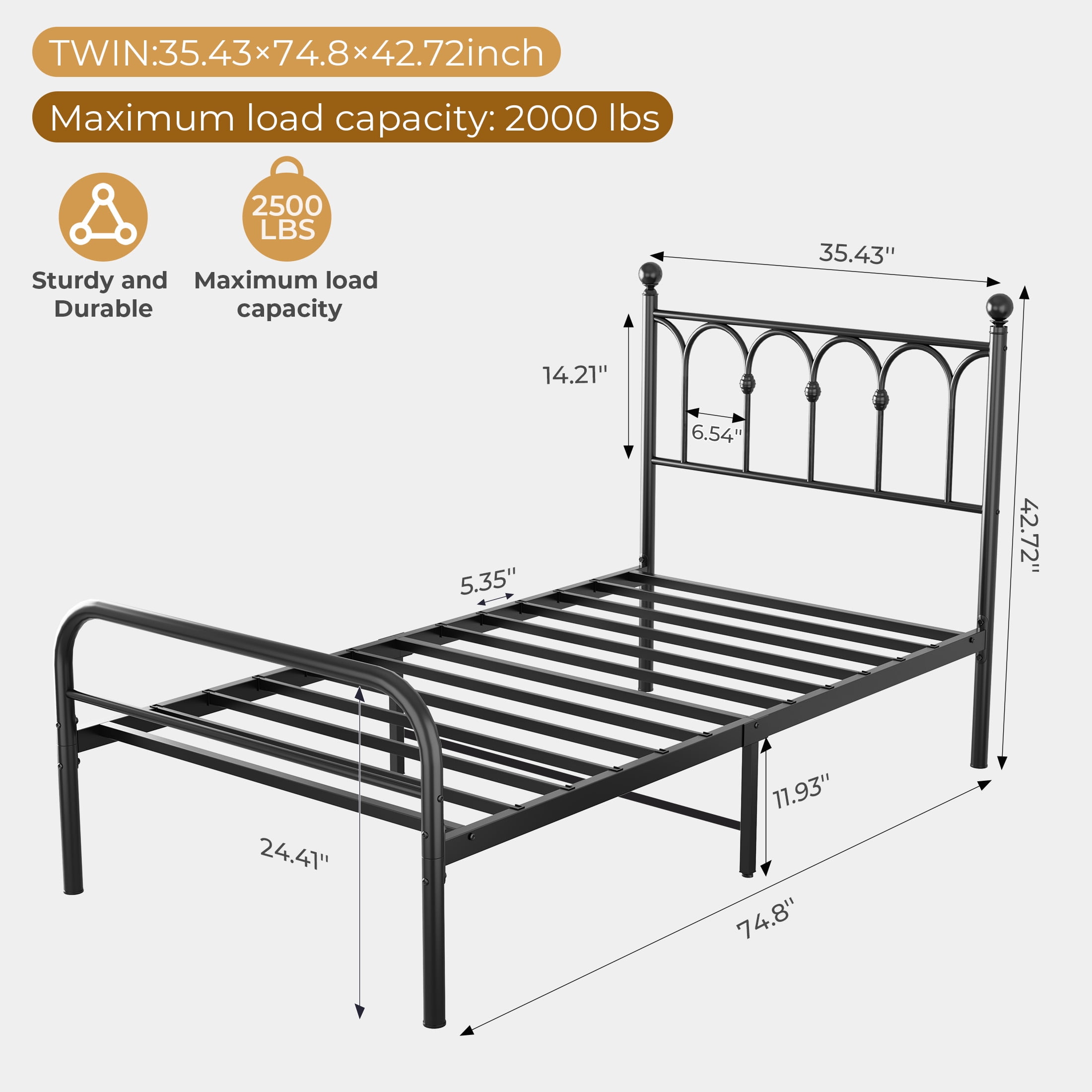edx Twin Size Classic Metal Platform Bed Frame with Headboard, Heavy Duty Steel with Under Bed Storage, No Box Spring Needed
