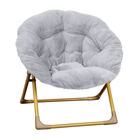 Cozy Faux Fur Moon Chair, Gwen Mini Folding Saucer Chair with Gold Frame, 23 Inch Space Saving Chair for Bedroom Living Room