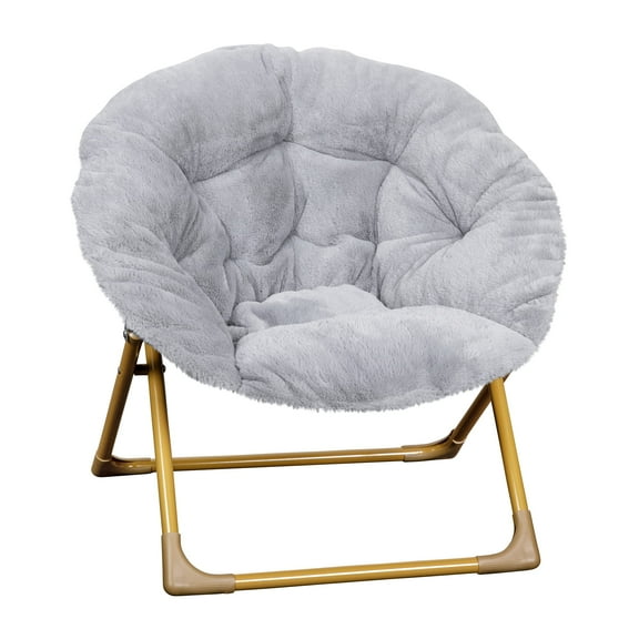 Cozy Faux Fur Moon Chair, Gwen Mini Folding Saucer Chair with Gold Frame, 23 Inch Space Saving Chair for Bedroom Living Room