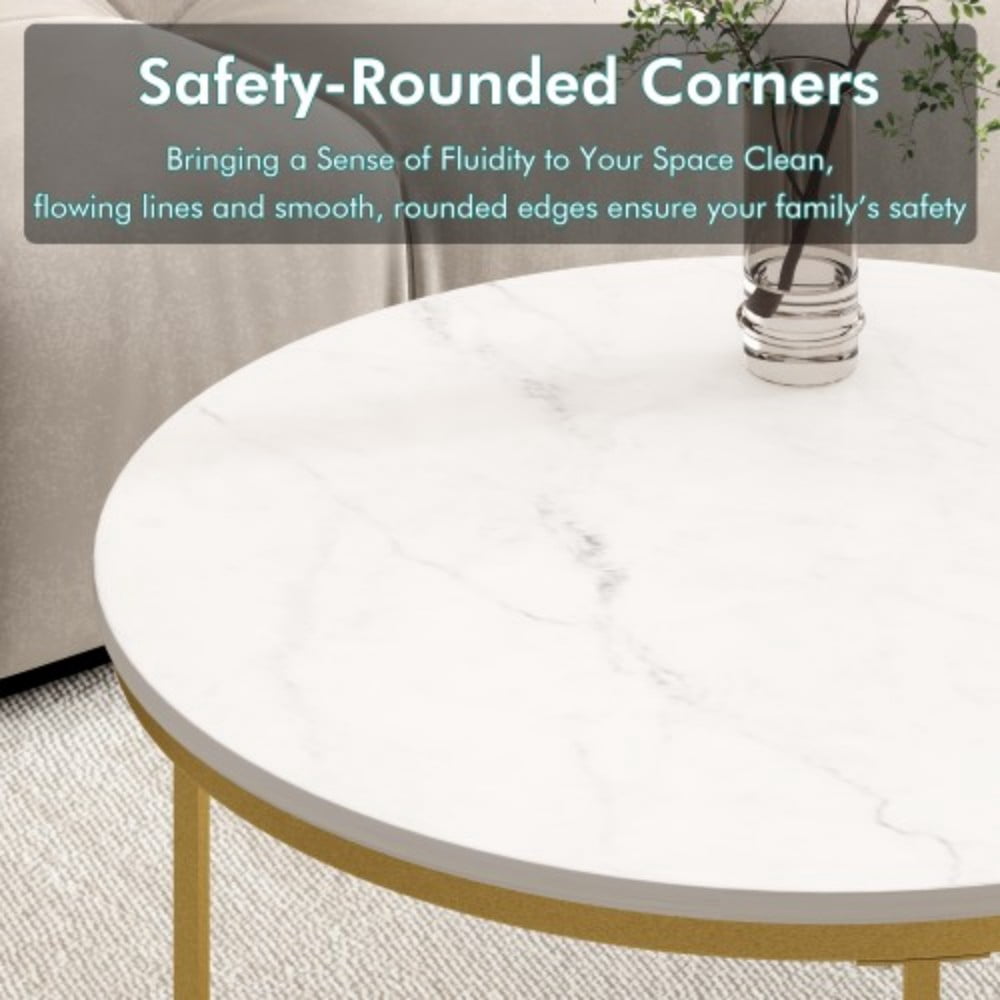 27.6" Nesting Coffee Table Set of 2, Round Wood Marble Pattern Top with Sturdy Metal Frame, Stackable End Tables for Living Room, Bedroom, Office, White & Gold