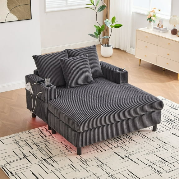 Homefun Corduroy Oversized Recliner Sofa Bed with Deep Seat 3 Pillows,USB,RGB LED Light Strip,Cup Holder, Side Pocket