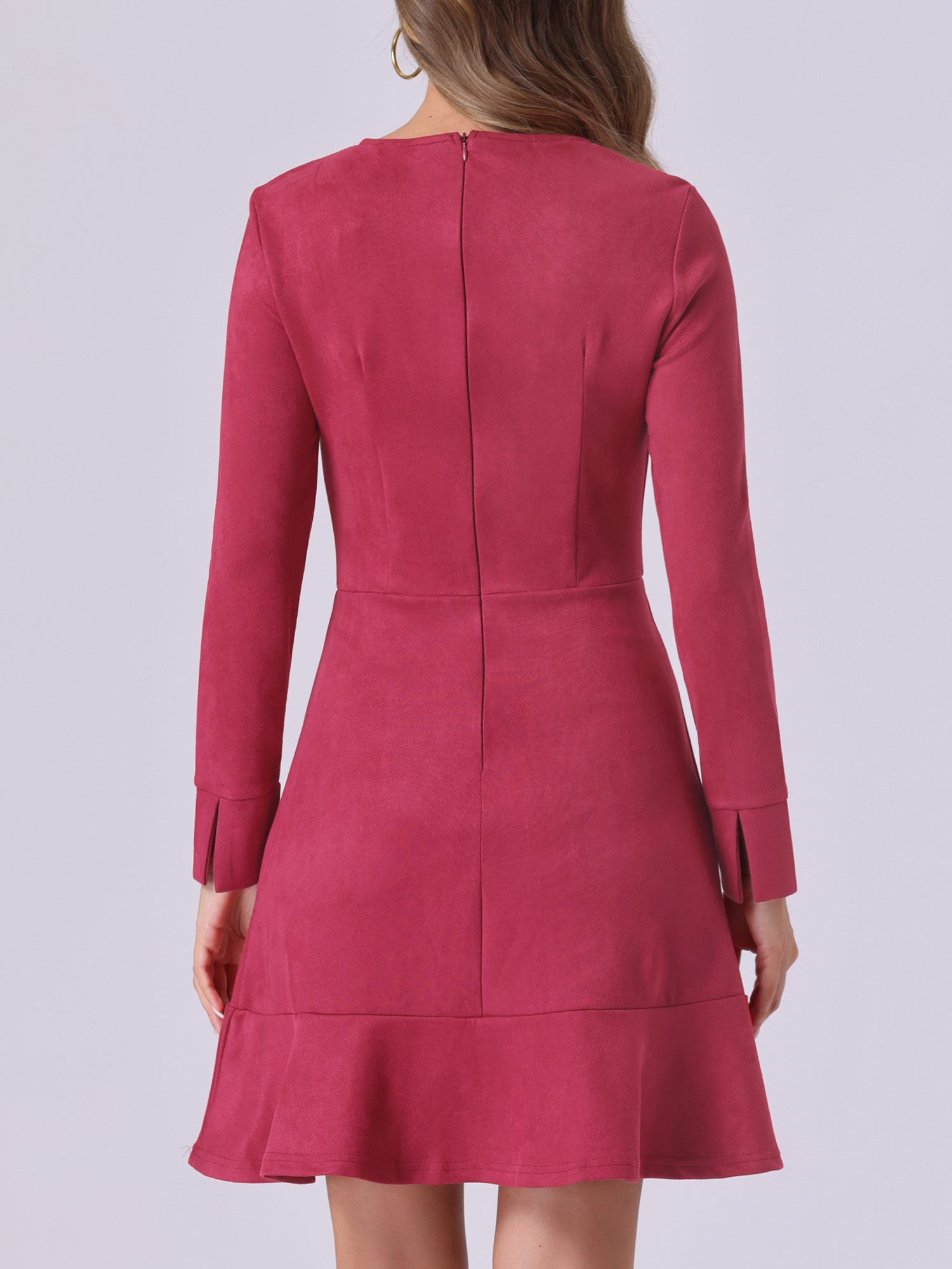 DARING DIVA Women's Faux Suede Ruffle Hem Long Sleeve Mini Dresses L Burgundy