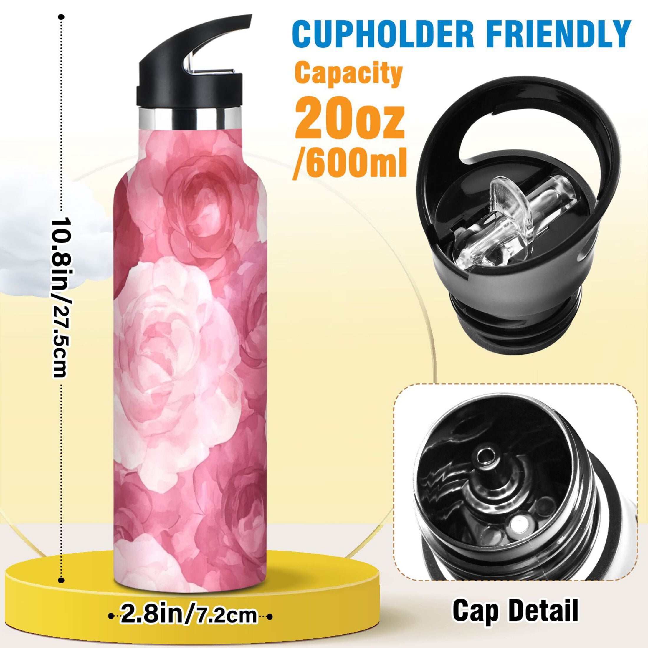 600ML Stainless Steel Insulated Cup Sports Water Bottle Portable Thermos Cup Water Glasses Insulated Tumblers Convenient and Durable Charming Beige Roses Seamless