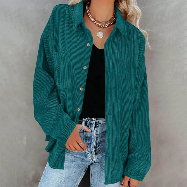 Womens Corduroy Shirt, Long Sleeve Oversized Lapel V Neck Button Blouses Tops Loose Shacket Jacket Sky Blue S