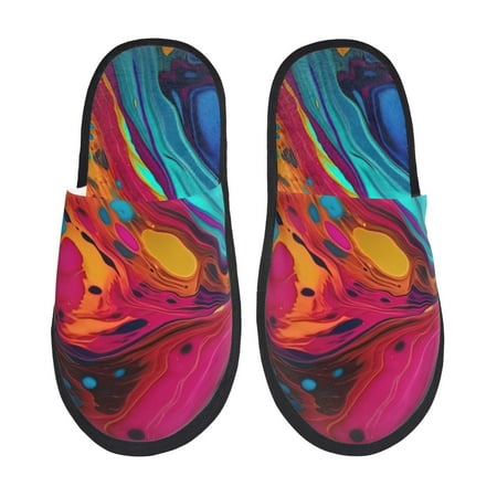 Balery Colorful Abstract Swirls Slient Indoor Furry Fleece Comfort House Shoes Soft Non-Slip Home Shoes Cotton slippers House Slippers-- Large