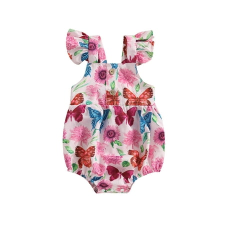 

Wassery Baby Girls Romper 0 6 12 18 24 Months Infant Bodysuit Fly Sleeve Button Closure Butterfly Flower Print One Piece Short Jumpsuit Summer Playsuit for Casual Daily 0-24M