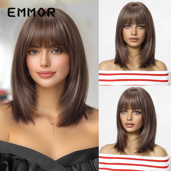 Long Hair Wig for Women, Internet Celebrity Collarbone Short Straight Hair with Bangs, Round Face, Age-Reducing, Natural and Elegant Full Head Wig