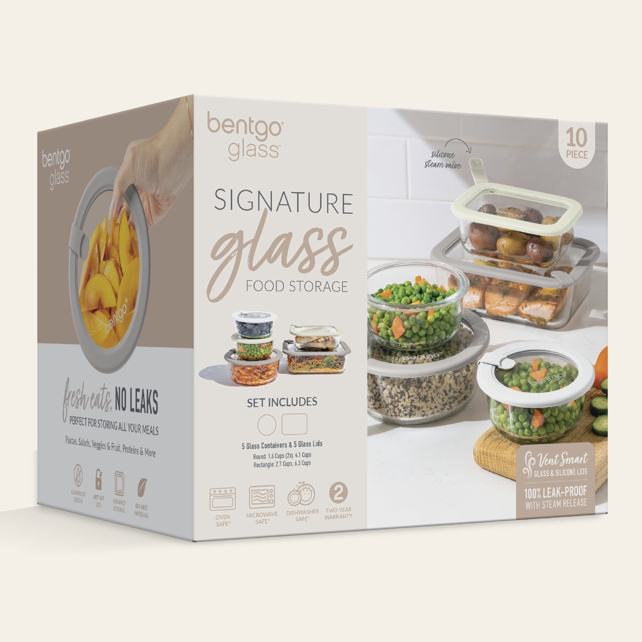 Bentgo Signature Leak-Proof Glass Food Storage - 10-Piece Set, 1-Compartment Plastic-Free Containers with Airtight Glass Lids, BPA-Free, Microwave, Freezer, Oven & Dishwasher Safe (White Stone)