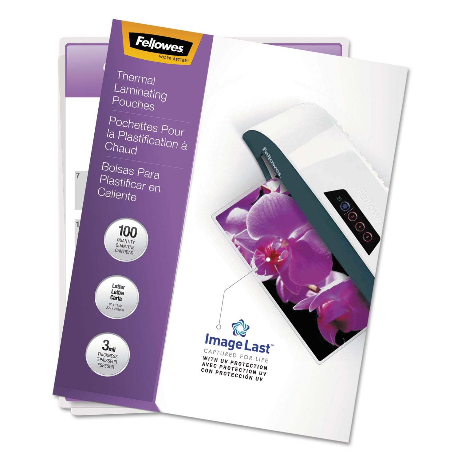 Fellowes Image Last Letter  Jam Free - 100-Pk - 3 Mil- Clear Plastic - 9 x 11.5 Glossy Laminating Pouches