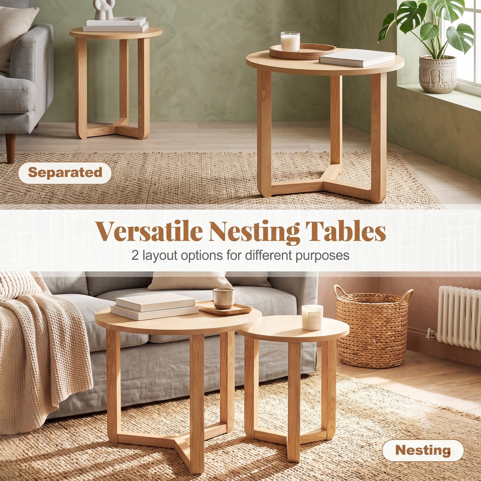 Furnibear Round Nesting Coffee Table Set of 2, Wood Nesting End Tables with Thickened Tabletop and Tripod Frame for Living Room, Space-Saving Side, Natural Walnut
