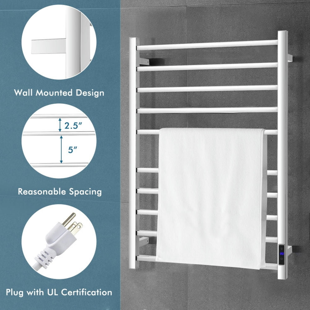 Finihen Wall Mounted Towel Rack, Electric Heated Towel Rack, 10 Bar Towel Warmer Wall Mounted Electric Heated Towel Rack with Built-in Timer, for Bathroom, laundry Room, Silver
