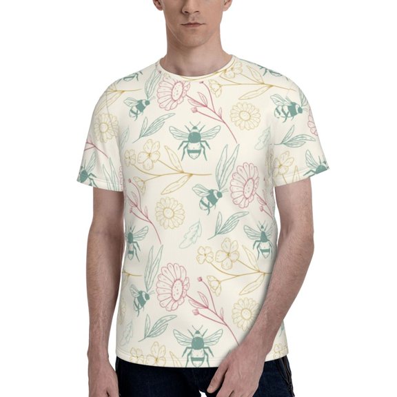 Men's 3D T-Shirt Casual Short Sleeve Funny Tee Tops, Bee Flowers Vintage