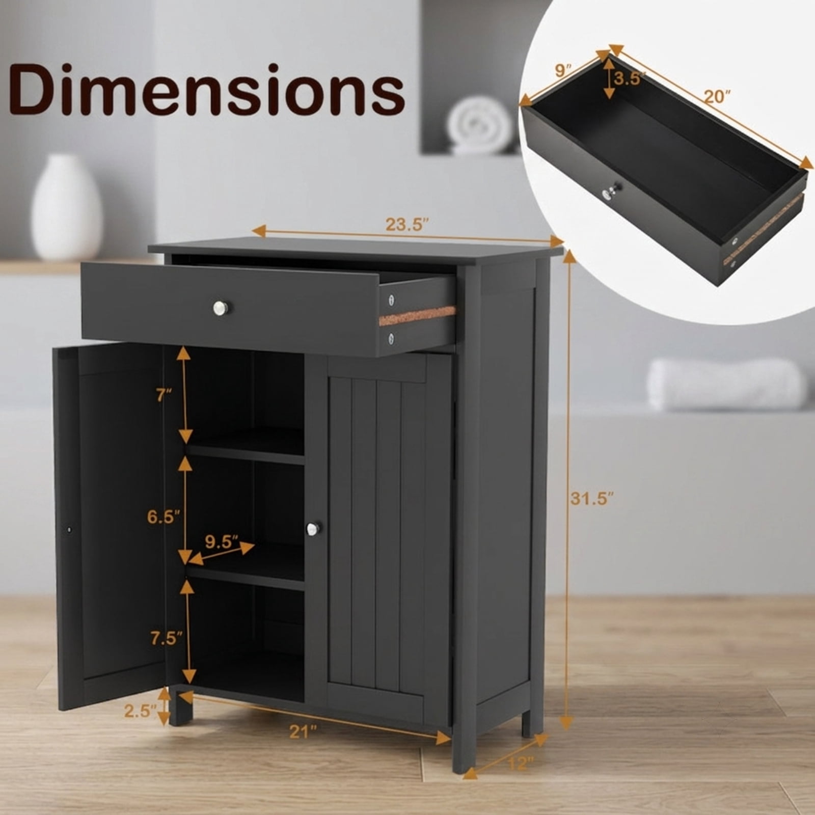 Vebreda Freestanding Bathroom Storage Cabinet, Bathroom Floor Cabinet Freestanding Storage Organizer with 2 Doors, Multiple Storage Options