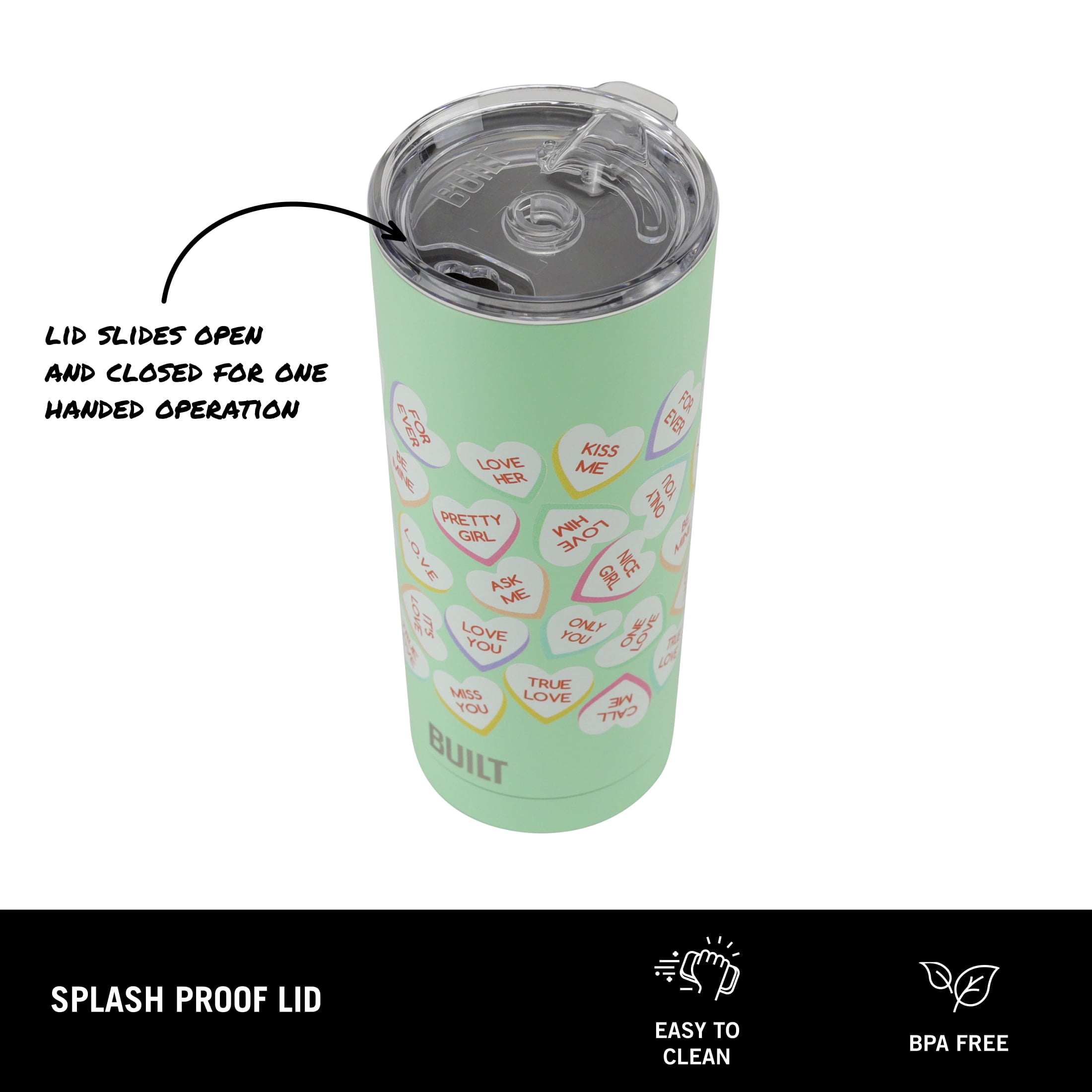 BUILT Valentine's Day Insulated Stainless Steel 20 oz Tumbler Green Conversation Hearts