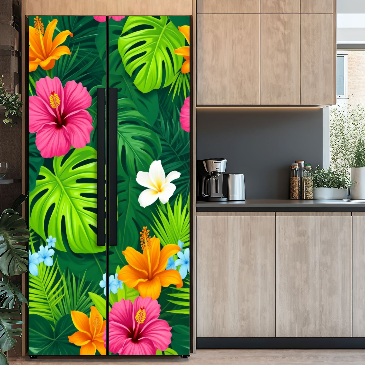 Self Adhesive Vinyl Refrigerator Wrap Set Vibrant Tropical Floral Hibiscus Plumeria Green Leaves Door Mural Removable Fridge Sticker Peel and Stick&nbsp;Full Door Cover Decal Kitchen Bar Decor