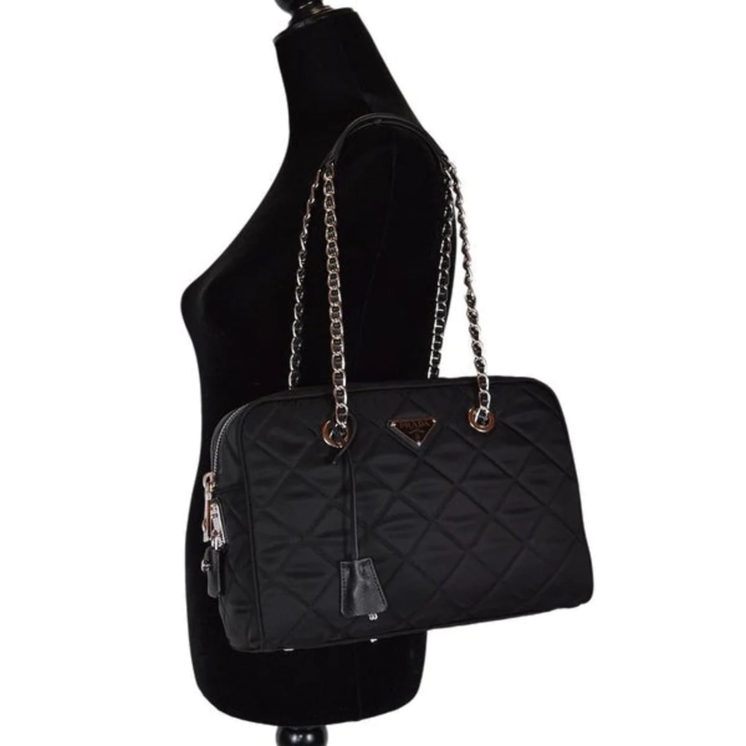 Prada Italy. Berlino-Trimmed Black Tessuto Nylon & Black Pebbled Leather Shoulder Bag