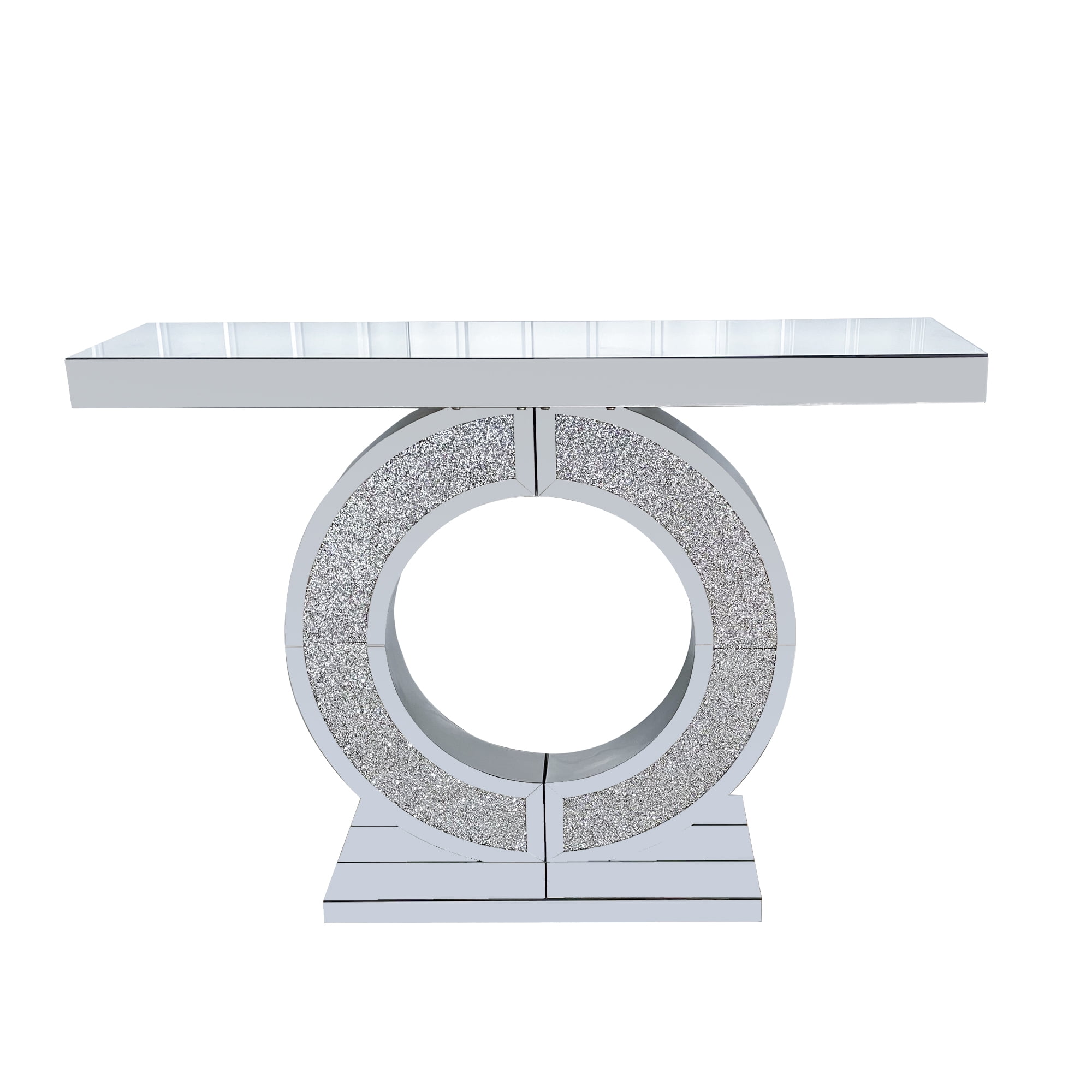 Aukfa 43" Mirrored Console Table, O-Shaped Crystal Inlay Entryway Table with Beveled Edges,Silver