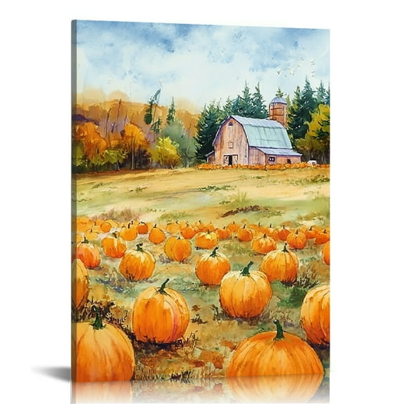 GooTPa Farmhouse Style Watercolor Pumpkin Patch Canvas Wall Art, Canvas Prints Wall Art for Living Room Bathroom Bedroom Office, Art Print Painting for Home Decorations - 12x16in