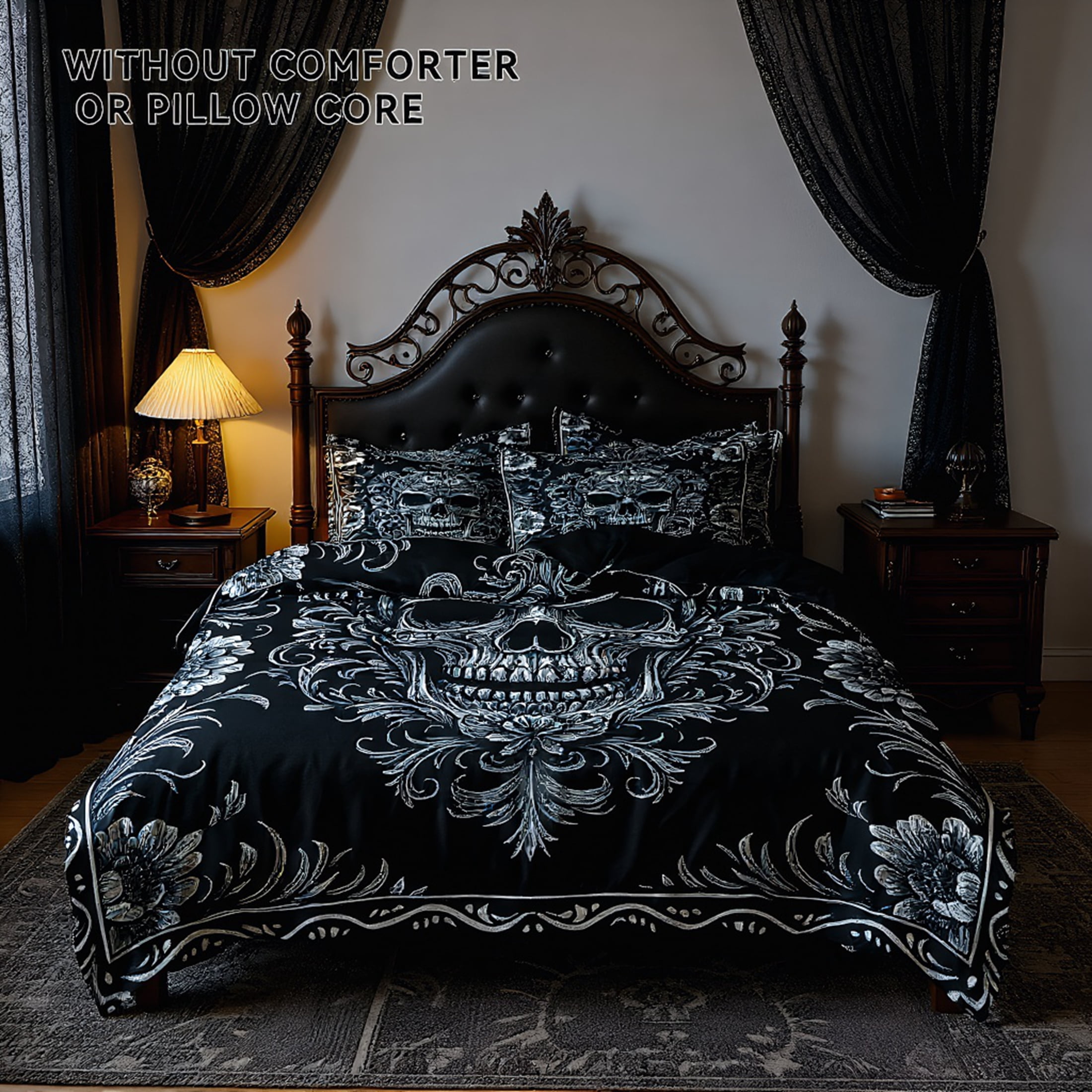 Orylavena Gothic Romantic Skull Microfiber Duvet Cover Set, Black Back, Twin