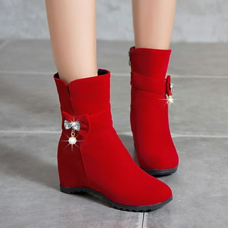 

ZMHEGW Boots For Women Ladies Solid Color Suede Pearl Bow Trim Inner Mid Boots Shoes