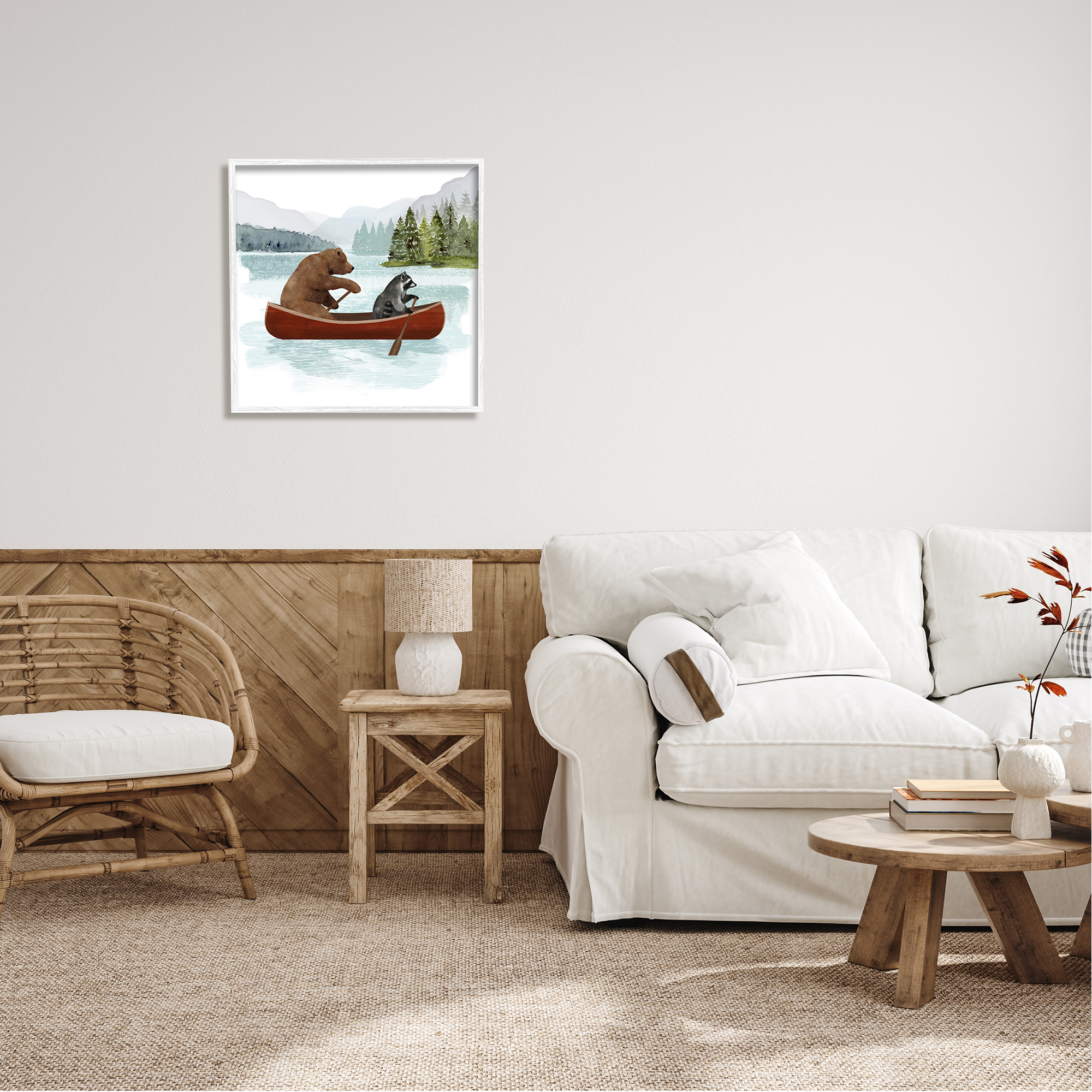 Stupell Industries Raccoon & Bear Canoeing Animals & Insects Painting White Framed Art Print Wall Art, 24 x 24