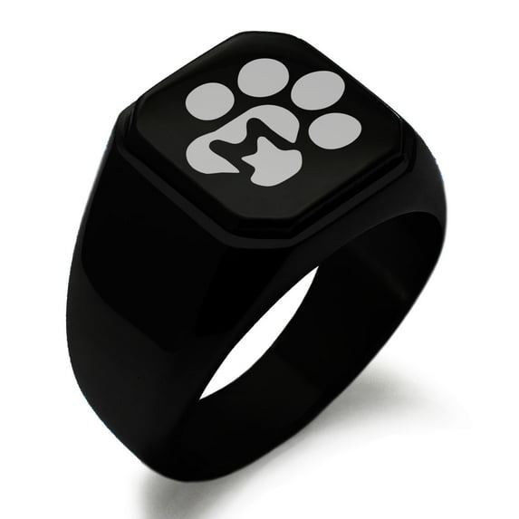 Stainless Steel Letter M Initial Cat Dog Paws Monogram Engraved Engraved Square Flat Top Biker Style Polished Signet Ring