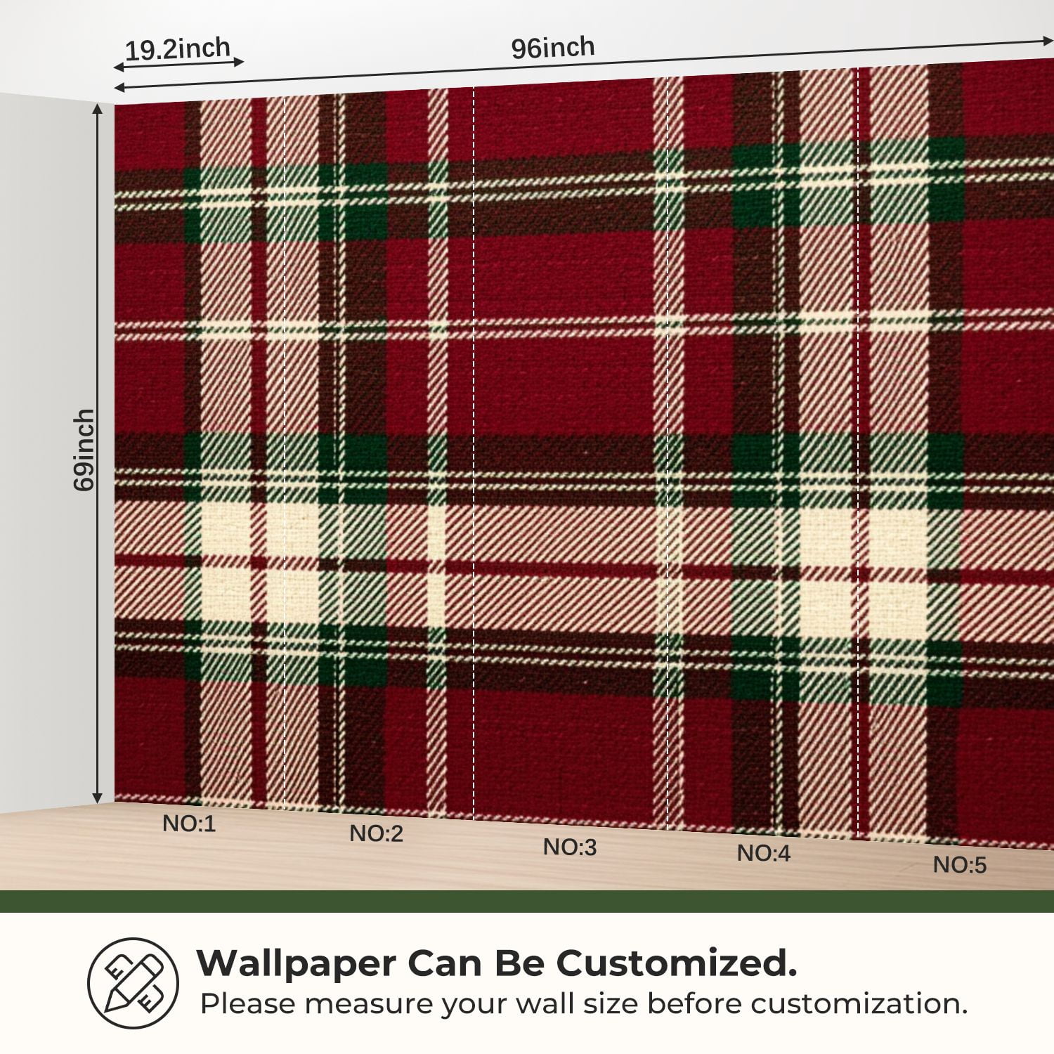 69"x98" Wall Mural Peel and Stick Wallpaper Red Green Plaid Checkered White Accents Wall Decor Self Adhesive Removable Wall Stickers for Bedroom Living Room