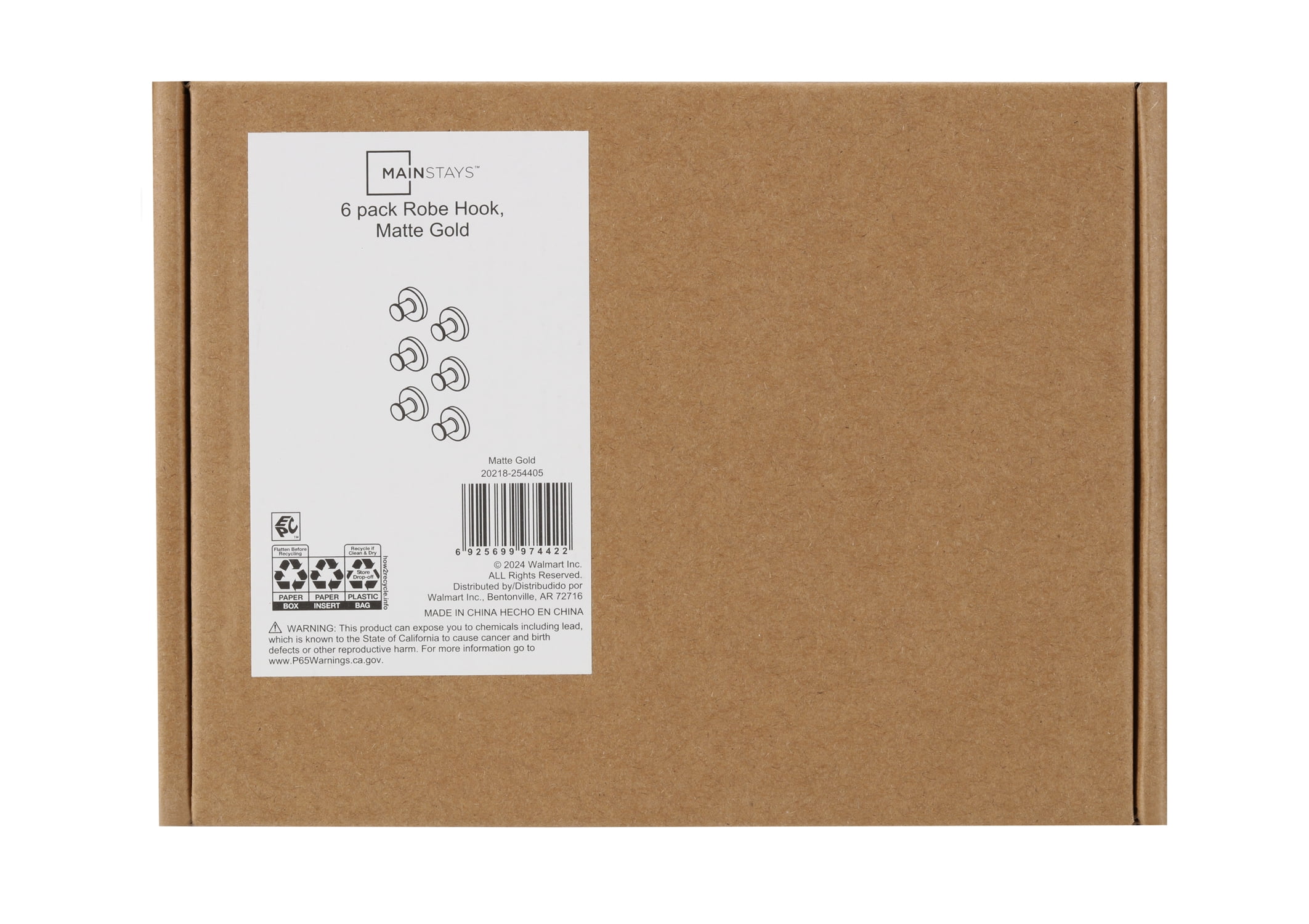 Mainstays Modern Round Robe Hook in Matte Gold, 6 Pack