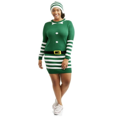 Juniors' Plus Striped Xmas Elf Sweater Dress with Matching Hat