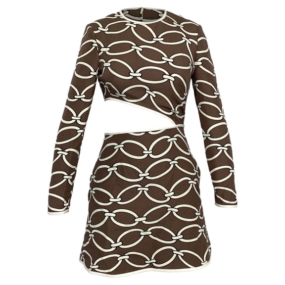 Pre-Owned Valentino Garavani Chain Printed Mini Cut Out Dress in Brown Silk