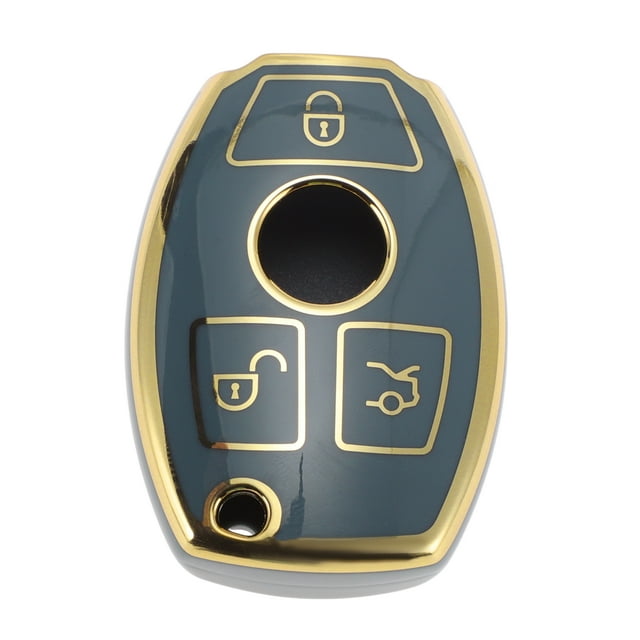 Funda de Llave de Auto de Silicona TPU Gris con Borde Dorado para Mercedes-Benz Clase A - 3 Botones Control Remoto