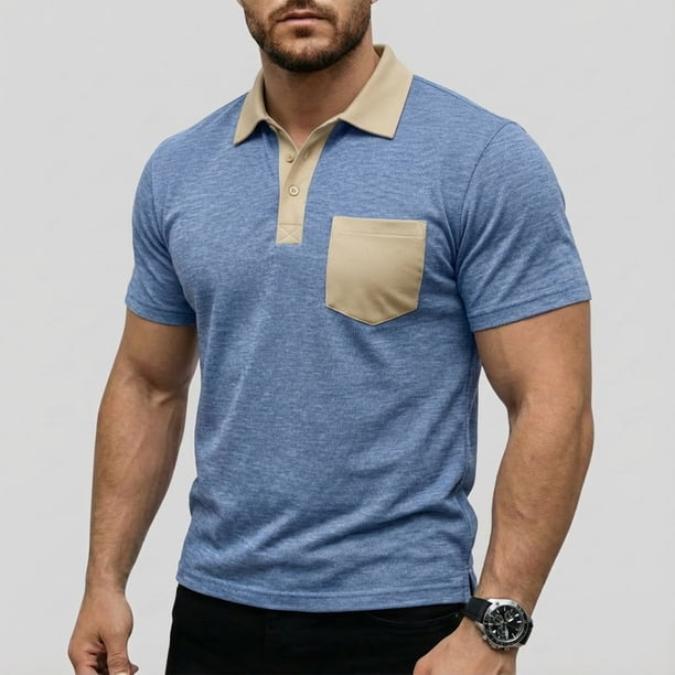 Blusa y camisa de manga corta con cuello vuelto para hombre, con solapa, botones, bolsillo, color block, informal, transpirable, para hombre