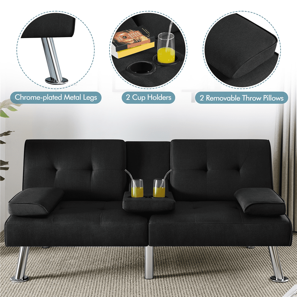 Renwick Fabric Upholstered Convertible Futon Sofa Bed with Cup Holders and Pillows, Black