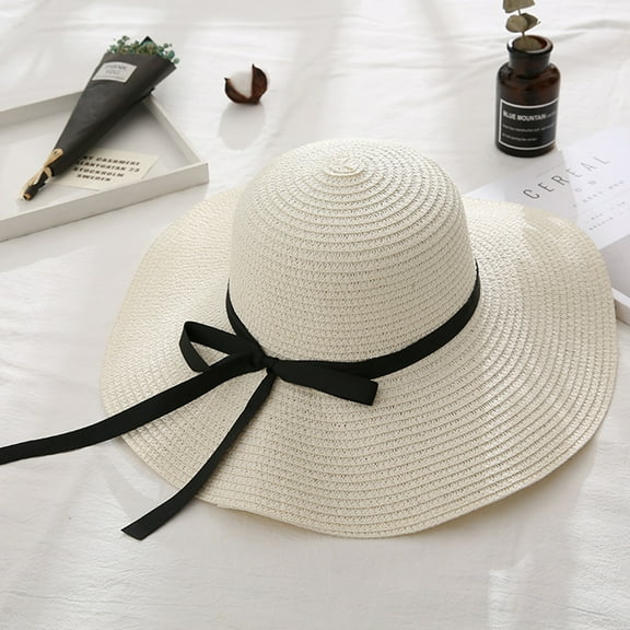 Visland Beach Sun Hat for Women Bow-Knot UV UPF 50 Travel Foldable Wide Brim Straw Hat
