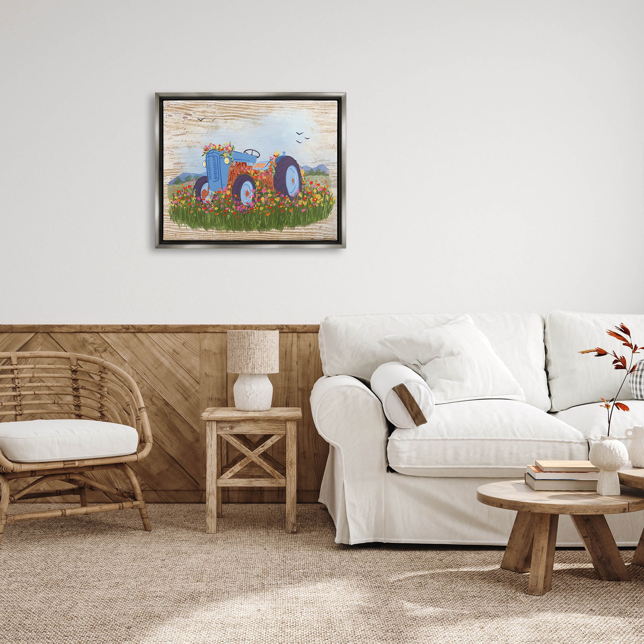 Farmhouse Tractor Floral Blooms Transportation Graphic Art Luster Gray Framed Art Print Wall Art