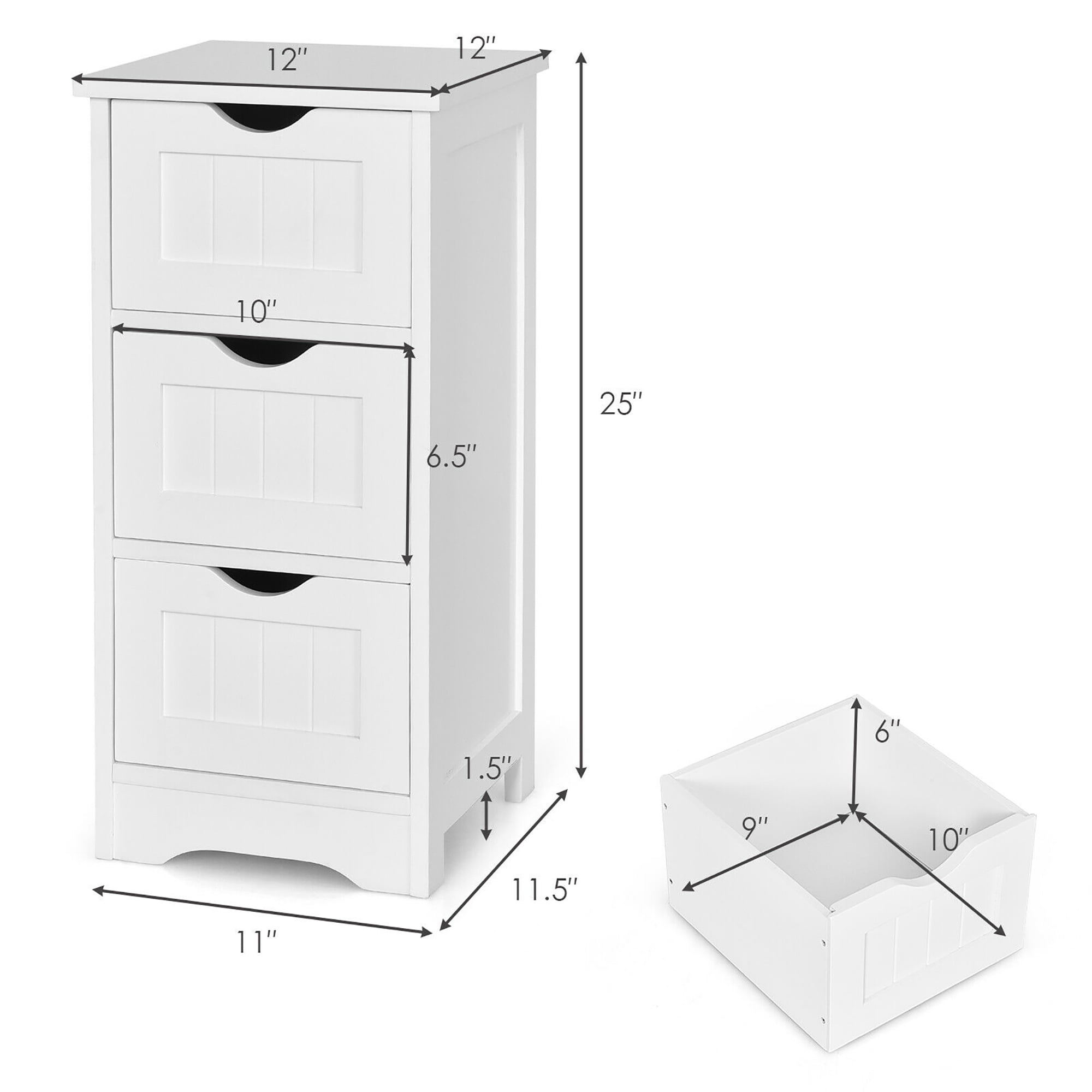 Costway White Floor Storage Cabinet Bathroom Organizer Free Standing 3 Drawers