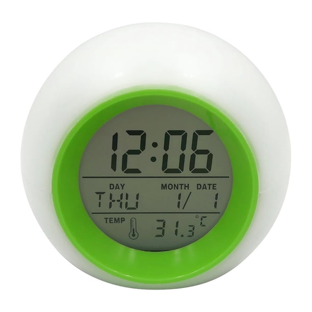Reloj digital, despertador digital con luz colorida, detección de temperatura, función de repetición, funciona con pilas, multifuncional (verde)