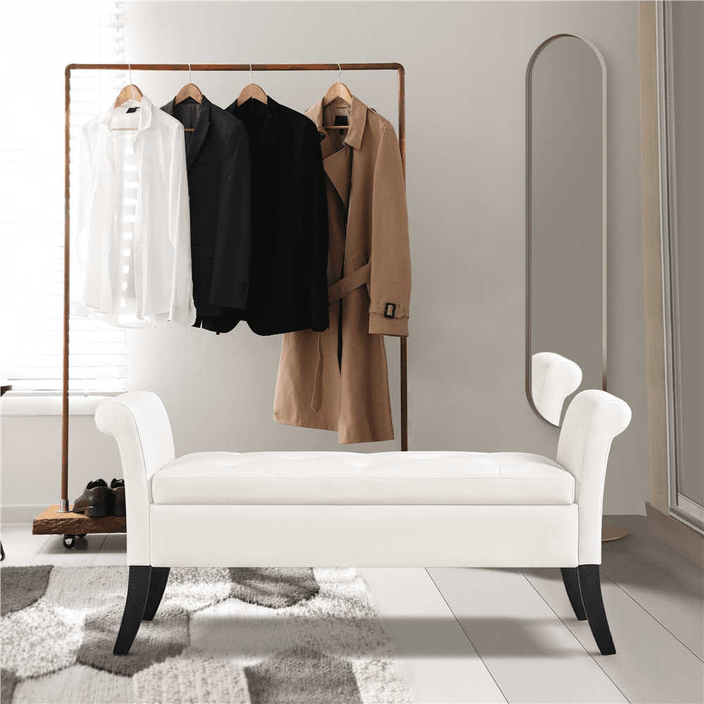 Yaheetech Modern Fabric Tufted Storage Bench Cushioned Ottoman Bench with Rolled Arms, Fresh White