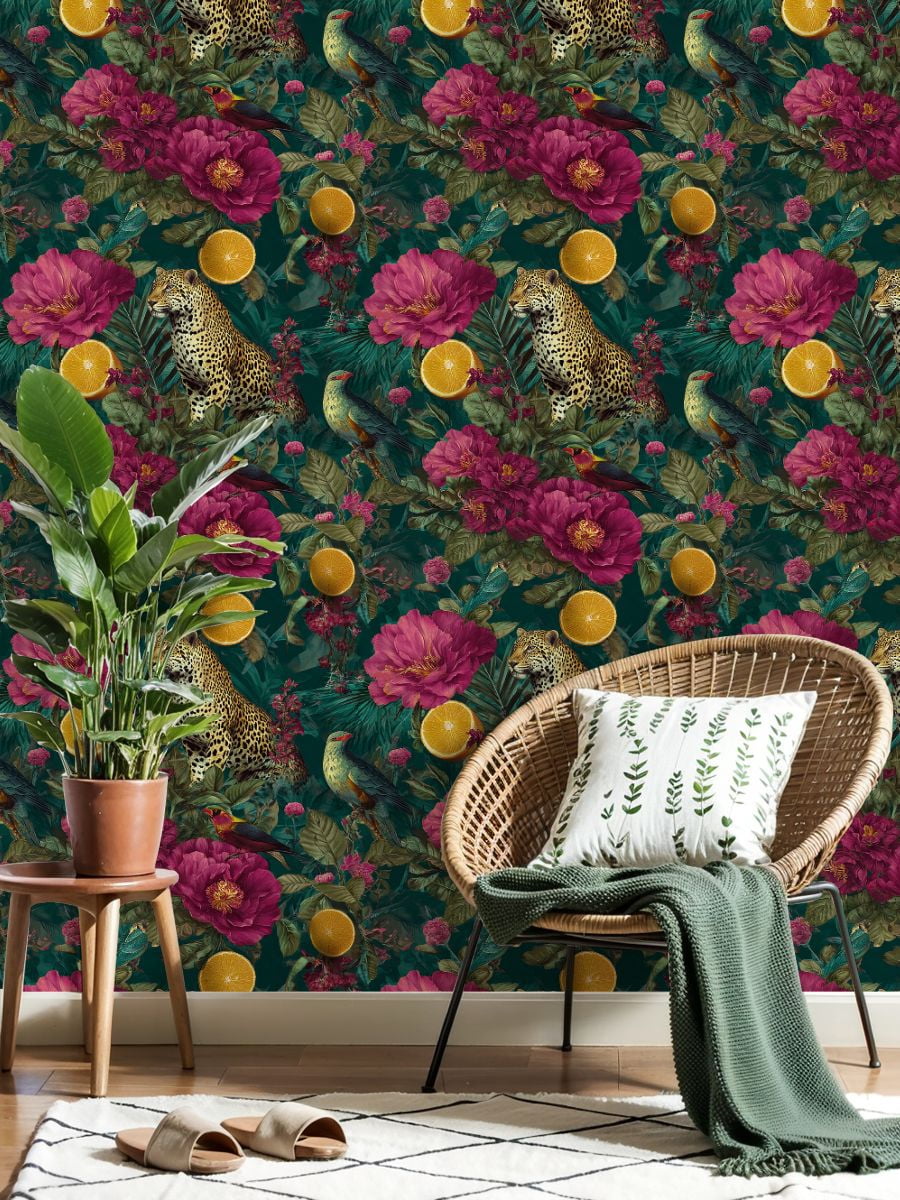 Peel and Stick Wallpaper Vibrant Jungle Leopards Large Pink Flowers Citrus Wall Mural 17.7in x 9.8ft Self Adhesive Removable Wall Paper Renter Friendly Wallpaper for Nursery Bedroom Cabinets