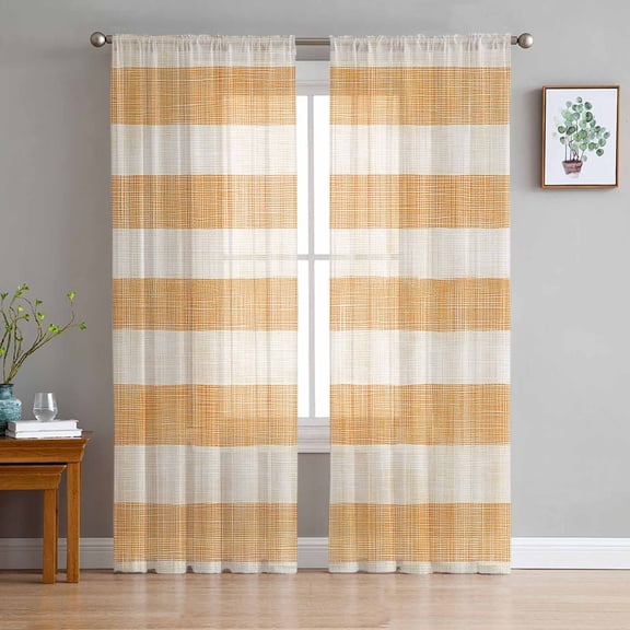 ERUNPONLY Burnt Orange Striped Sheer Curtains 72 Inch Length 2 Panels Set, Farmhouse Vintage Stripes Voile Window Treatment Rod Pocket Curtains Sheers Drapes for Bedroom/Living Room/Kitchen 52"x72"x2