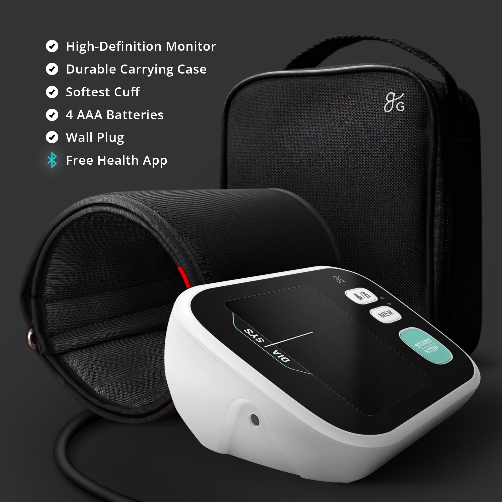 Greater Goods Blood Pressure Monitor with Bluetooth Sync, Smart Pro-Series Upper Arm BP Machine with Multicolor Backlit LCD & AC Adapter