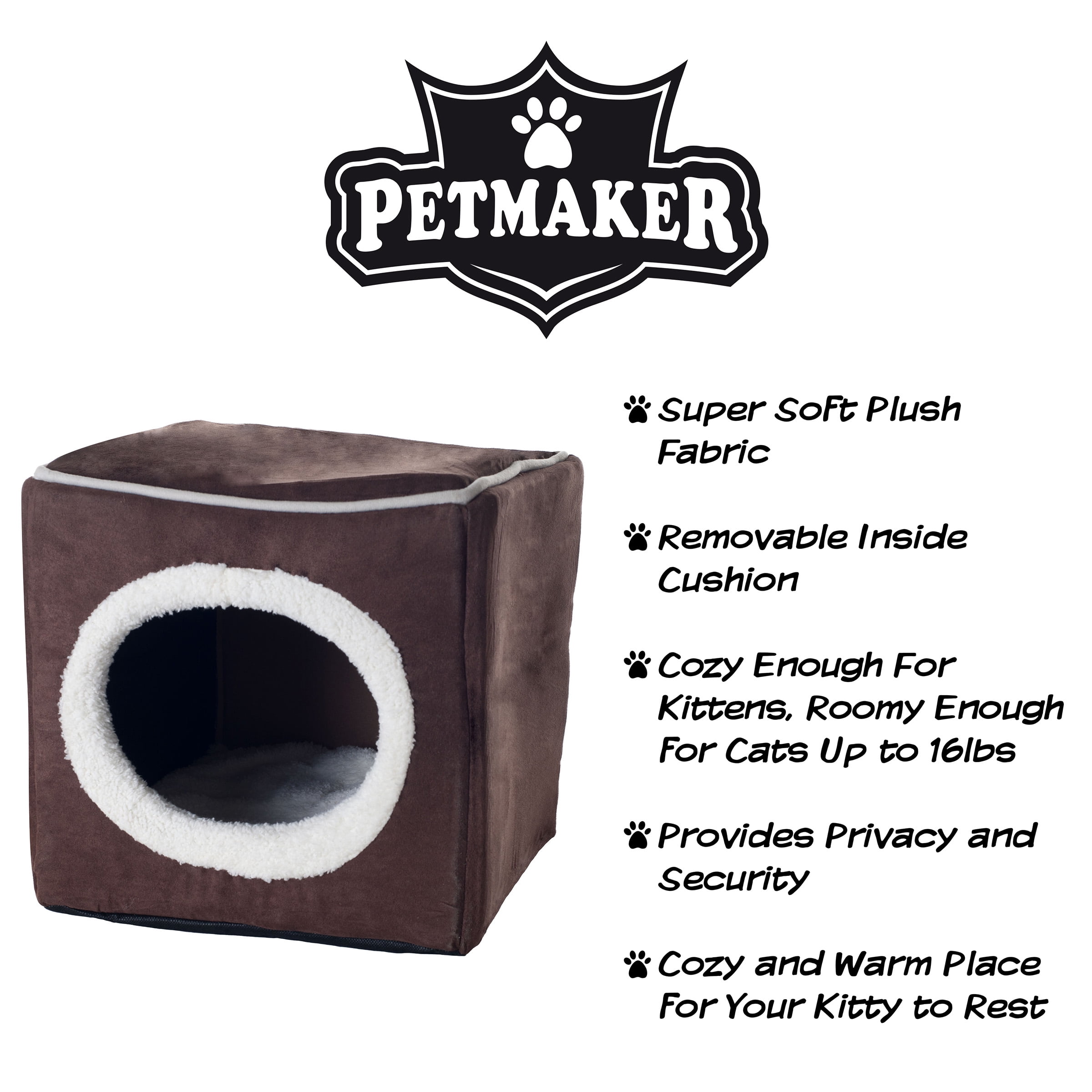 Cat House ? Plush Enclosed Cat Bed with Removable Cushion ? Foam Pet Cave Bed for Kittens or Small Dogs up to 16lbs by Petmaker (Dark Brown)