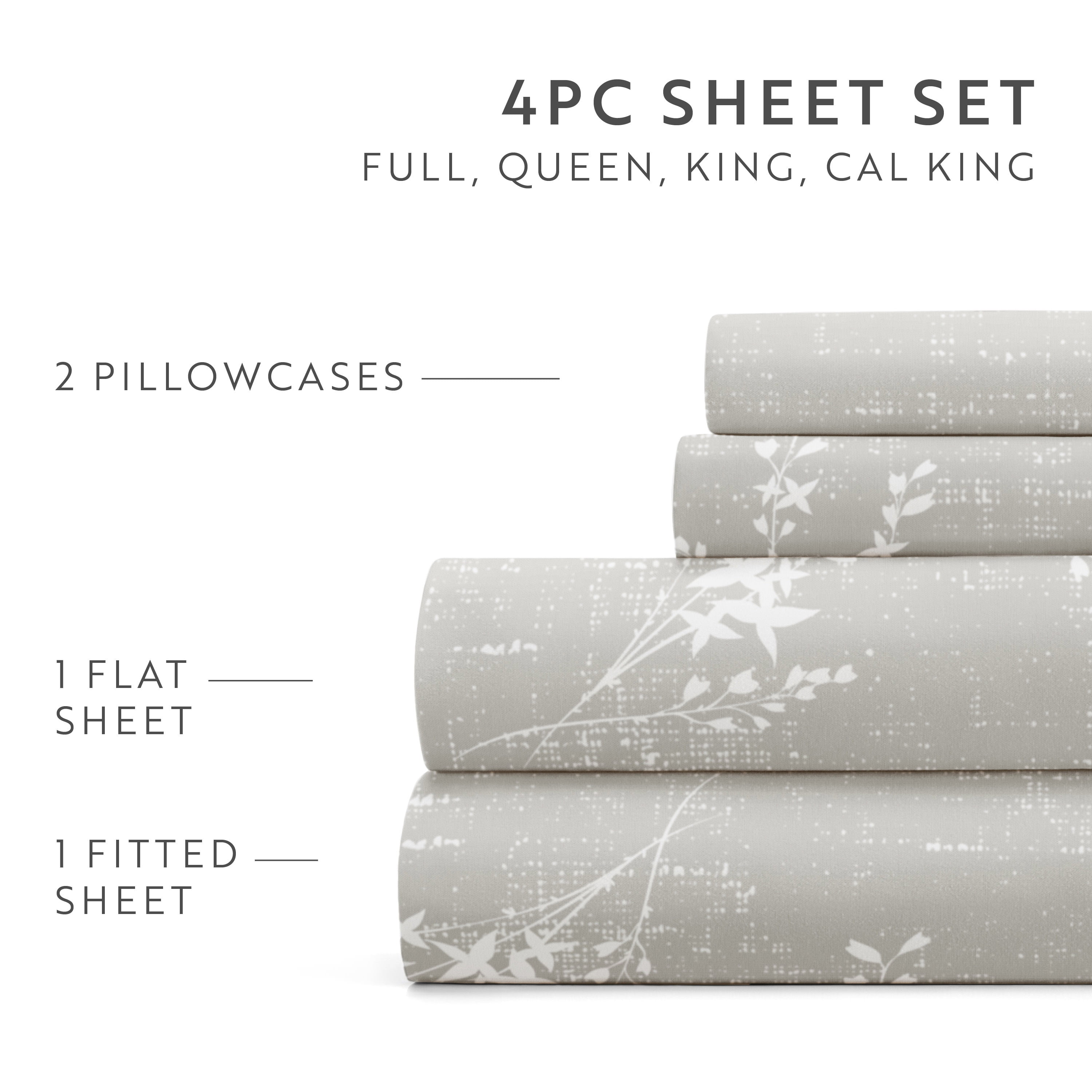 Noble Linens 4 Piece Pattern Microfiber Bed Sheets Set, Distressed Willow Light Gray, King