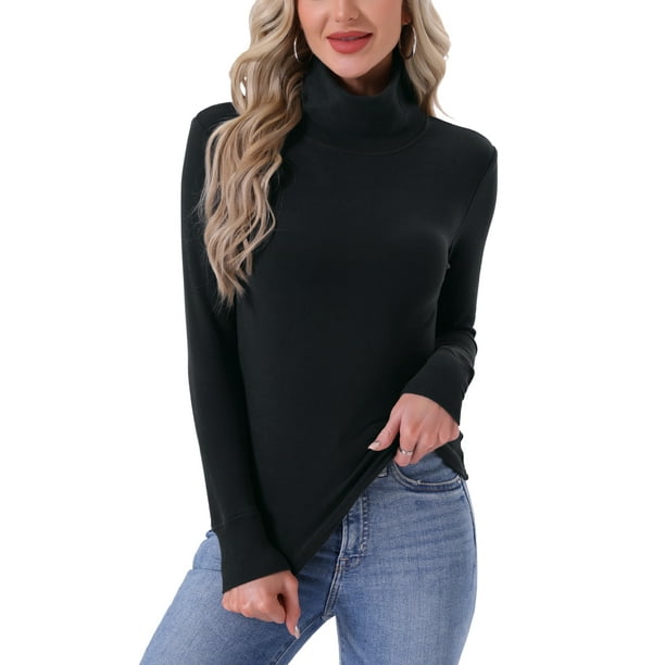 INSPIRAR CHIC Camisetas de Cuello Alto para Mujeres, Camisas de Manga Larga de Cuello Mock, Otoño Invierno, Camiseta Térmica Cálida, Capa Básica, Talla M, Negra