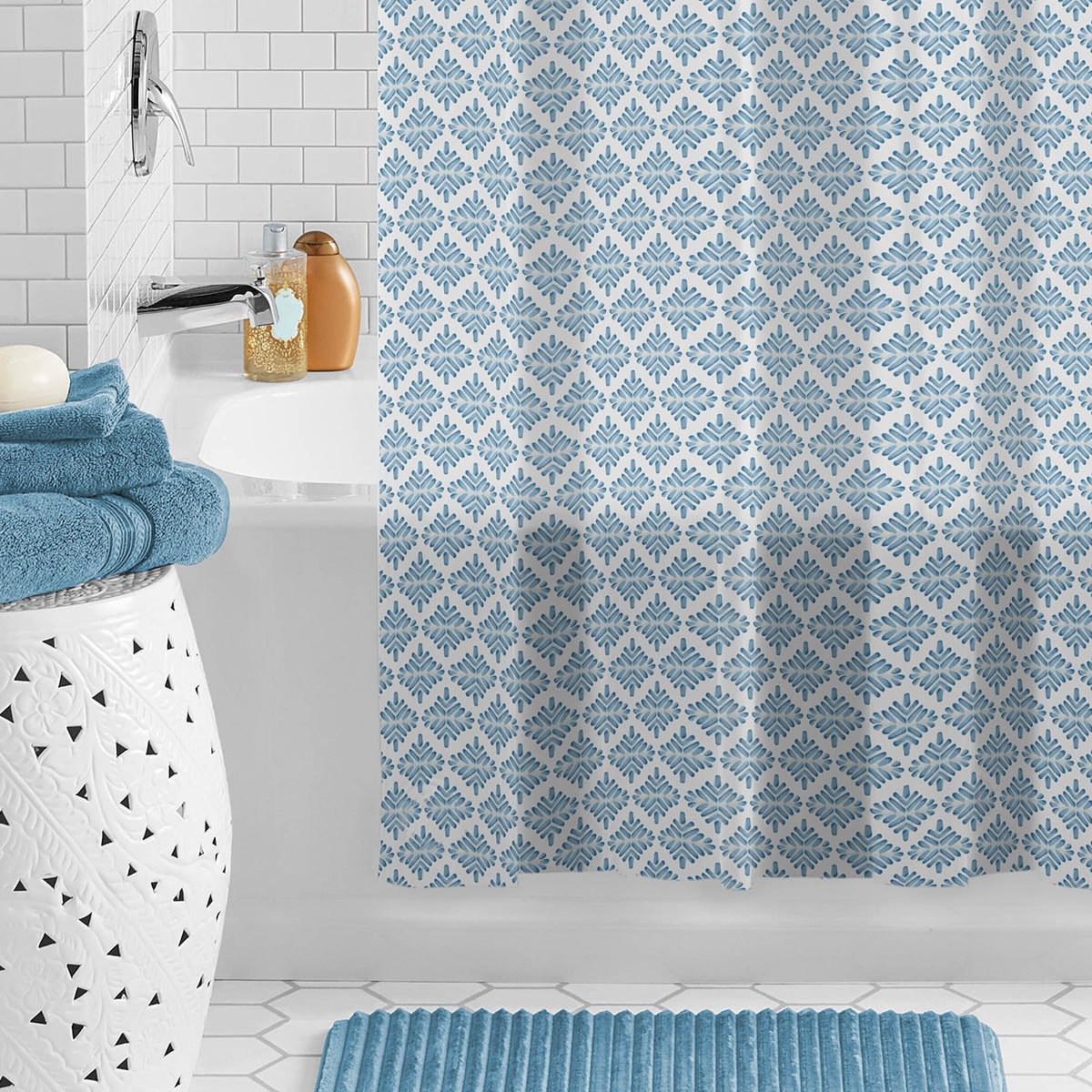 (4 pack) Mainstays Waterproof Medallion Blue 30% Recycled PEVA Shower Curtain Set with Hooks, 13-Piece, Blue